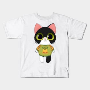 Holiday Black and White Kitten Kids T-Shirt